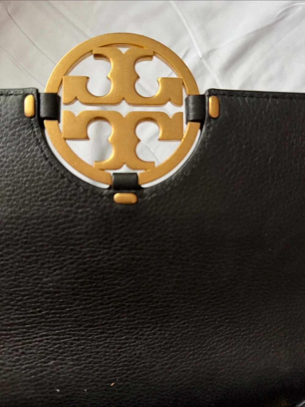 Tory Burch Black Leather Shoulder Bag with Gold Emblem and Chain